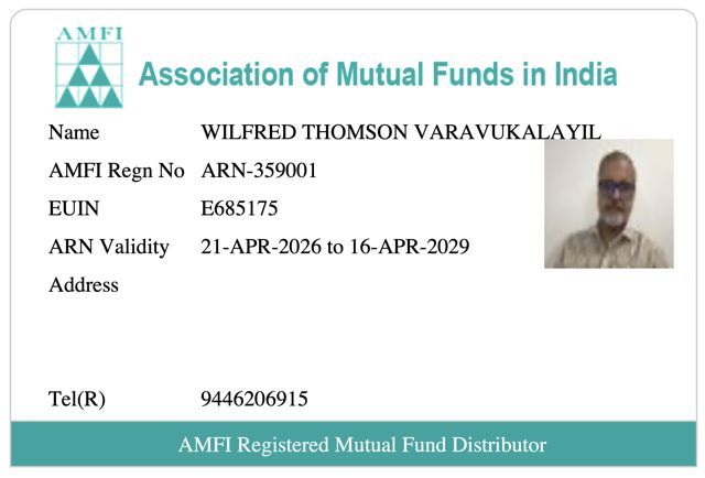 AMFI registration card for Wilfred Thomson Varavukalayil, ARN-359001